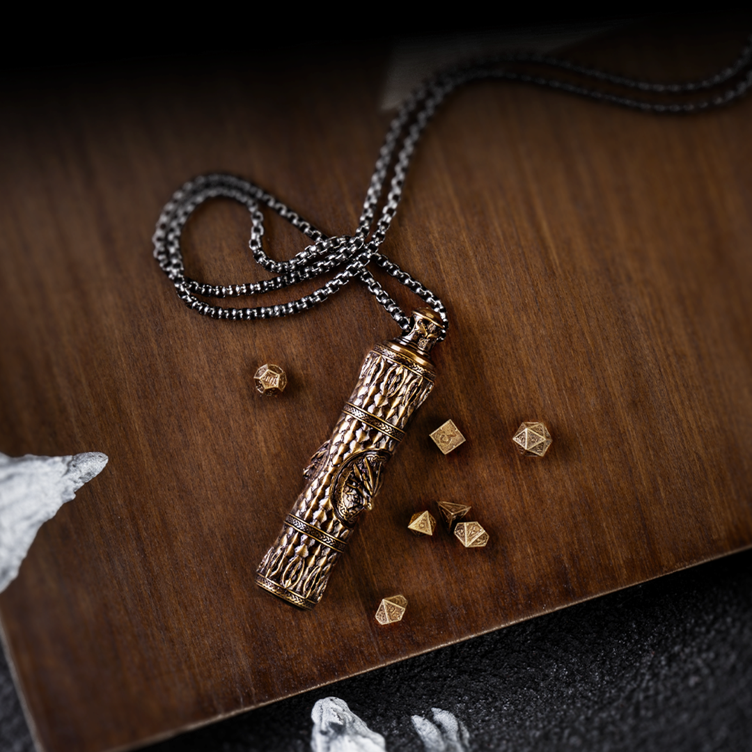 This Solid Brass Pendant Holds 7 Mini Dice