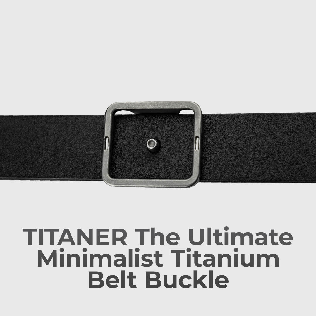 men's dress belt unique buckle minimalist square sculptural titanium 32mm Silver Square Titanium Black Leather Belt by Nickel Smart® main image 1