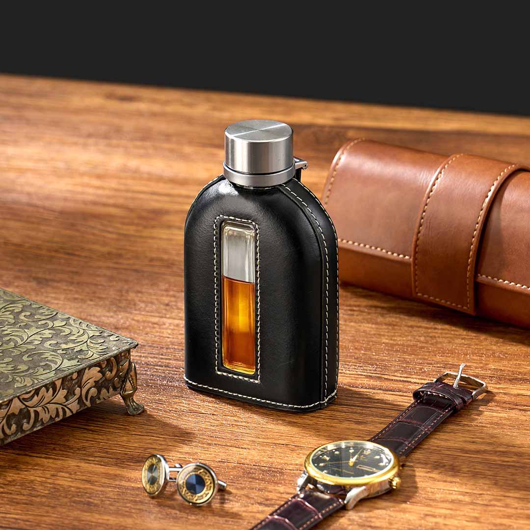 360 degrees Removable Leather-Sleeve Glass Flask
