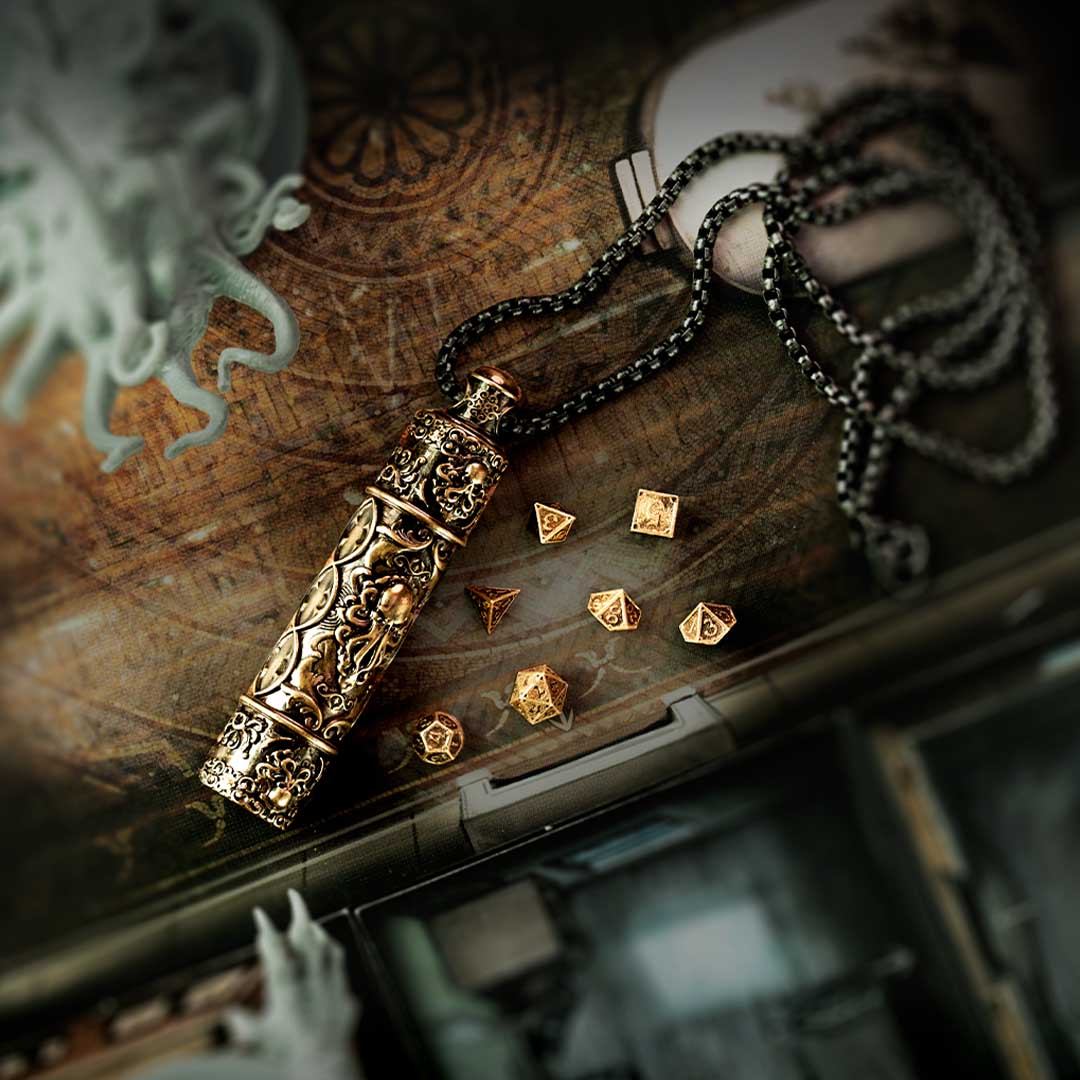 This Solid Brass Pendant Holds 7 Mini Dice
