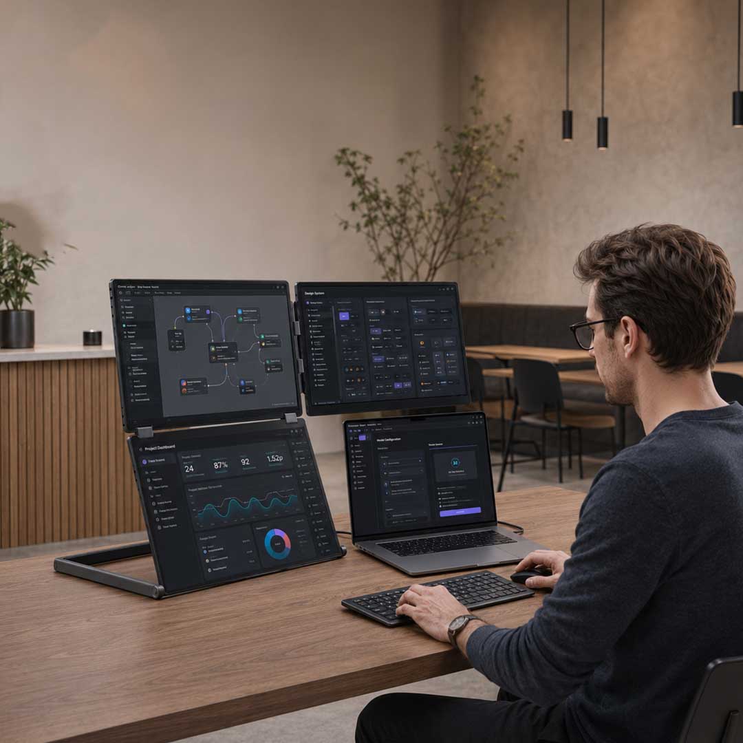 The Four-Screen Workstation That Moves With You